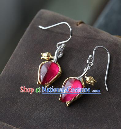 Handmade Chinese Red Corundum Eardrop Classical Cheongsam Earrings Accessories Traditional Convallaria Ear Jewelry