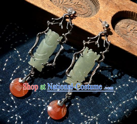 China Ancient Qing Dynasty Jade Carving Earrings Traditional Handmade Agate Ear Accessories National Wedding Jewelry