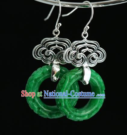 Handmade Chinese Traditional Silver Carving Cloud Ear Jewelry Eardrop Accessories Palace Jade Earrings