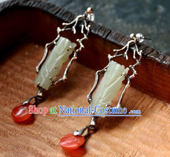 China Traditional Handmade Ear Accessories Ancient Qing Dynasty Earrings National Wedding Jade Carving Jewelry