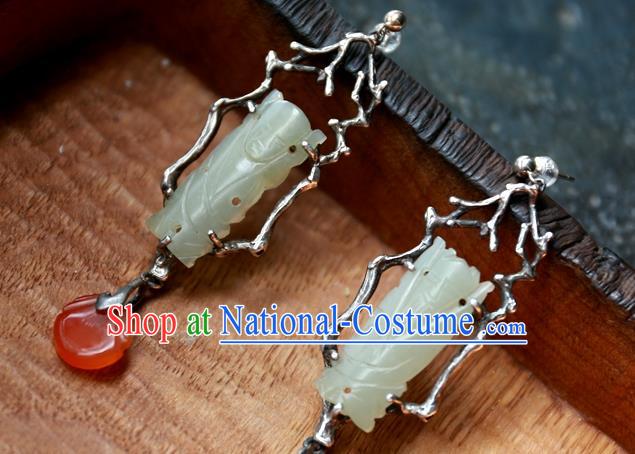 China Traditional Handmade Ear Accessories Ancient Qing Dynasty Earrings National Wedding Jade Carving Jewelry