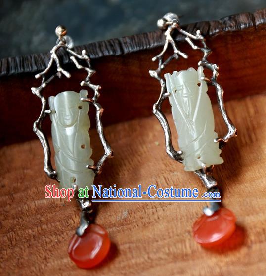 China Traditional Handmade Ear Accessories Ancient Qing Dynasty Earrings National Wedding Jade Carving Jewelry