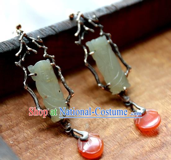 China Traditional Handmade Ear Accessories Ancient Qing Dynasty Earrings National Wedding Jade Carving Jewelry