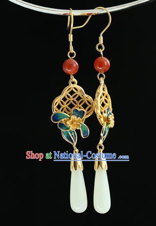 Handmade Chinese Traditional Hetian Jade Ear Jewelry Eardrop Accessories Palace Blueing Flower Earrings