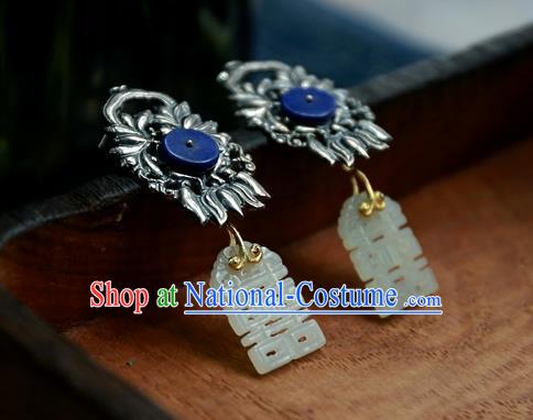 China National Wedding Jade Carving Jewelry Ancient Qing Dynasty Earrings Traditional Handmade Ear Accessories