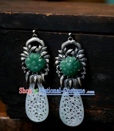 China National Wedding Silver Jewelry Ancient Qing Dynasty Earrings Traditional Handmade Jade Carving Ear Accessories