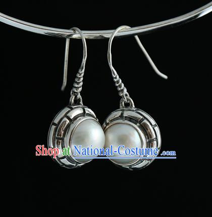 Handmade Chinese Traditional Pearl Ear Jewelry Eardrop Accessories Palace Silver Carving Earrings