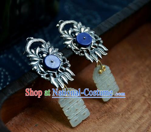 China National Wedding Jade Carving Jewelry Ancient Qing Dynasty Earrings Traditional Handmade Ear Accessories