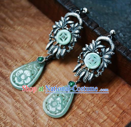 China National Silver Lotus Jewelry Ancient Qing Dynasty Earrings Traditional Handmade Green Jade Ear Accessories