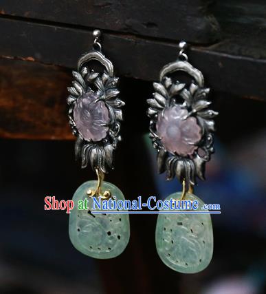 China National Rose Quartz Jewelry Handmade Jade Ear Accessories Traditional Cheongsam Silver Earrings