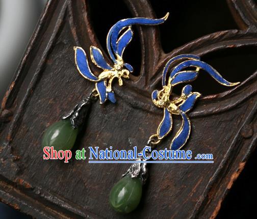 China Ancient Court Queen Earrings Traditional National Jewelry Handmade Qing Dynasty Jadeite Mangnolia Ear Accessories