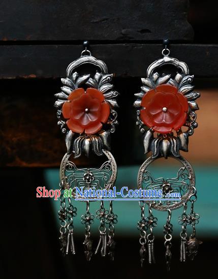 China National Silver Carving Jewelry Handmade Ear Accessories Traditional Cheongsam Red Flower Earrings