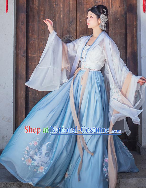 China Ancient Imperial Concubine Blue Embroidered Hanfu Clothing Traditional Tang Dynasty Palace Historical Costumes for Women