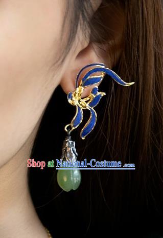 China Ancient Court Queen Earrings Traditional National Jewelry Handmade Qing Dynasty Jadeite Mangnolia Ear Accessories