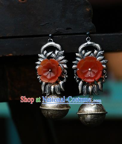 China Handmade Ear Accessories Traditional Cheongsam Red Flower Earrings National Silver Carving Ball Jewelry