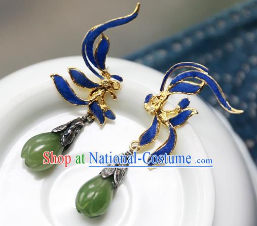 China Ancient Court Queen Earrings Traditional National Jewelry Handmade Qing Dynasty Jadeite Mangnolia Ear Accessories