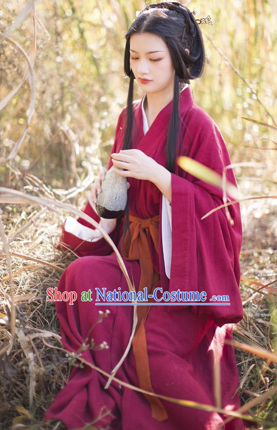 China Traditional Jin Dynasty Imperial Princess Historical Costume Ancient Female Swordsman Wine Red Hanfu Dress Clothing