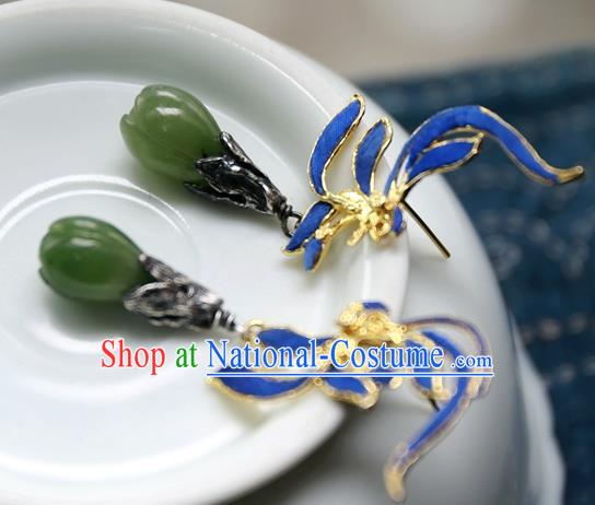 China Ancient Court Queen Earrings Traditional National Jewelry Handmade Qing Dynasty Jadeite Mangnolia Ear Accessories