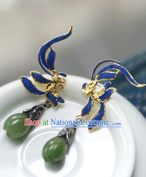 China Ancient Court Queen Earrings Traditional National Jewelry Handmade Qing Dynasty Jadeite Mangnolia Ear Accessories