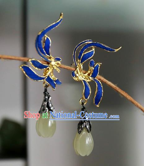 China Ancient Court Blueing Earrings Traditional National Jadeite Mangnolia Jewelry Handmade Qing Dynasty Ear Accessories