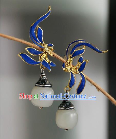 China Traditional National Jade Jewelry Handmade Qing Dynasty Ear Accessories Ancient Court Blueing Earrings