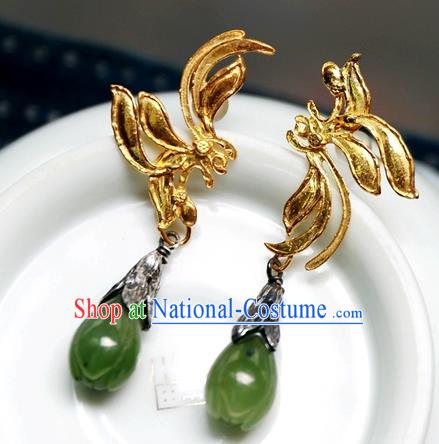 China Traditional National Jewelry Handmade Qing Dynasty Jade Ear Accessories Ancient Court Golden Earrings