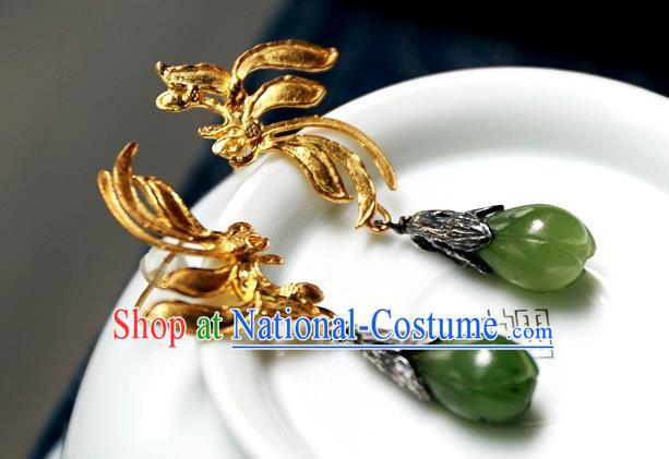 China Traditional National Jewelry Handmade Qing Dynasty Jade Ear Accessories Ancient Court Golden Earrings