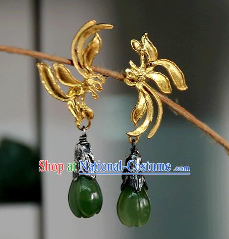 China Traditional National Jewelry Handmade Qing Dynasty Jade Ear Accessories Ancient Court Golden Earrings