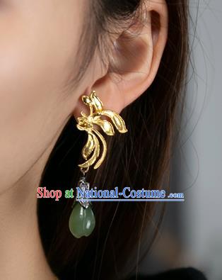 China Traditional National Jewelry Handmade Qing Dynasty Jade Ear Accessories Ancient Court Golden Earrings