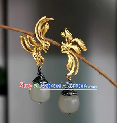 China Handmade Qing Dynasty White Jade Ear Accessories Ancient Court Golden Earrings Traditional National Jewelry