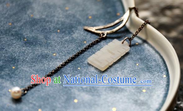 China Handmade Long Tassel Wedding Ear Accessories National Cheongsam White Jade Earrings Traditional Silver Jewelry