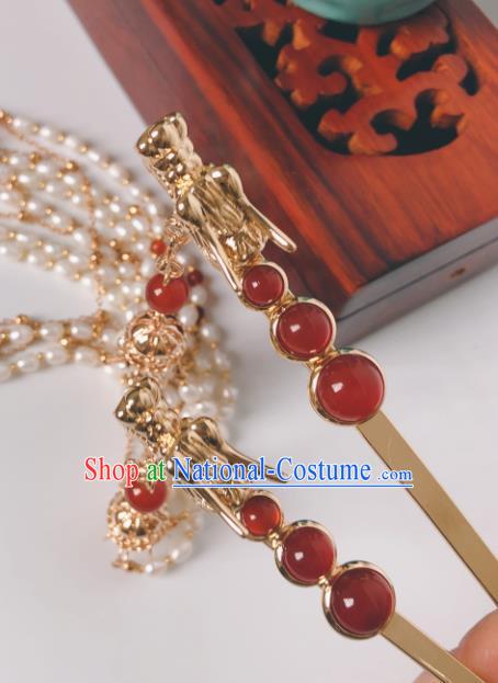 China Ming Dynasty Empress Golden Dragon Hair Stick Traditional Hanfu Hair Accessories Ancient Queen Pearls Tassel Hairpin