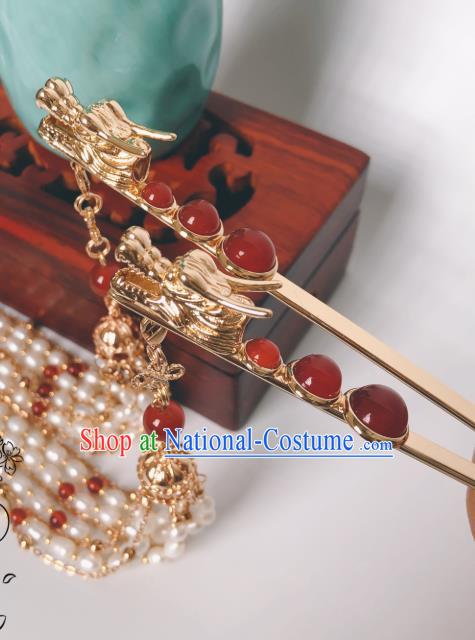 China Ming Dynasty Empress Golden Dragon Hair Stick Traditional Hanfu Hair Accessories Ancient Queen Pearls Tassel Hairpin