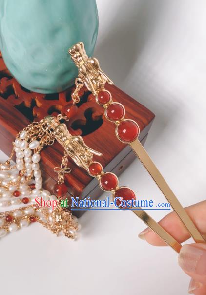 China Ming Dynasty Empress Golden Dragon Hair Stick Traditional Hanfu Hair Accessories Ancient Queen Pearls Tassel Hairpin