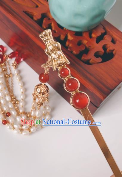 China Ming Dynasty Empress Golden Dragon Hair Stick Traditional Hanfu Hair Accessories Ancient Queen Pearls Tassel Hairpin