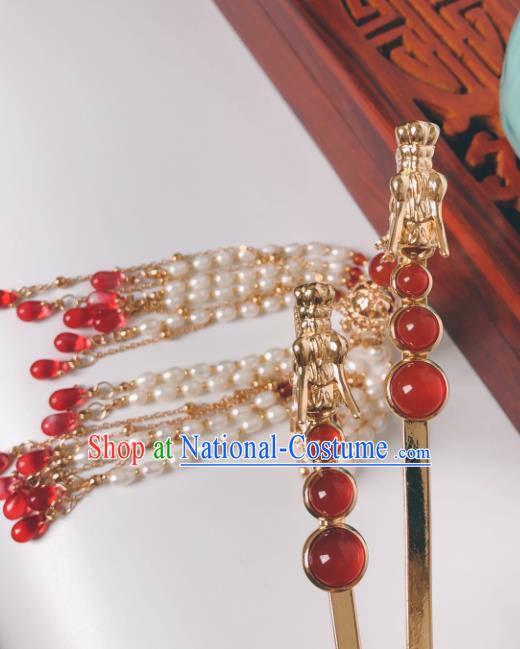 China Ming Dynasty Empress Golden Dragon Hair Stick Traditional Hanfu Hair Accessories Ancient Queen Pearls Tassel Hairpin