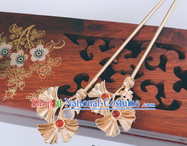 China Ming Dynasty Ginkgo Leaf Hair Stick Traditional Hanfu Hair Accessories Ancient Queen Agate Hairpin