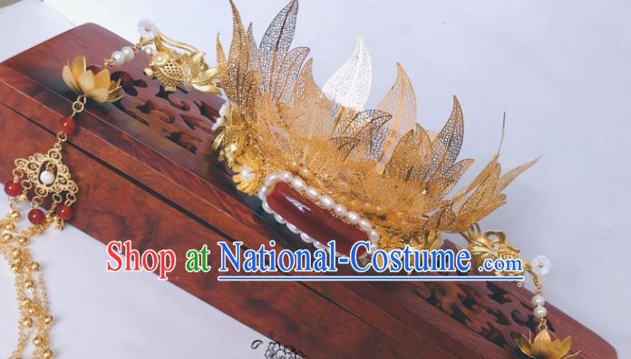 China Tang Dynasty Golden Phoenix Coronet Traditional Hanfu Hair Accessories Ancient Queen Agate Hair Crown