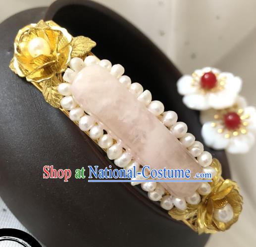 China Ming Dynasty Princess Rose Quartz Hair Stick Traditional Hanfu Hair Accessories Ancient Palace Lady Pearls Hairpin