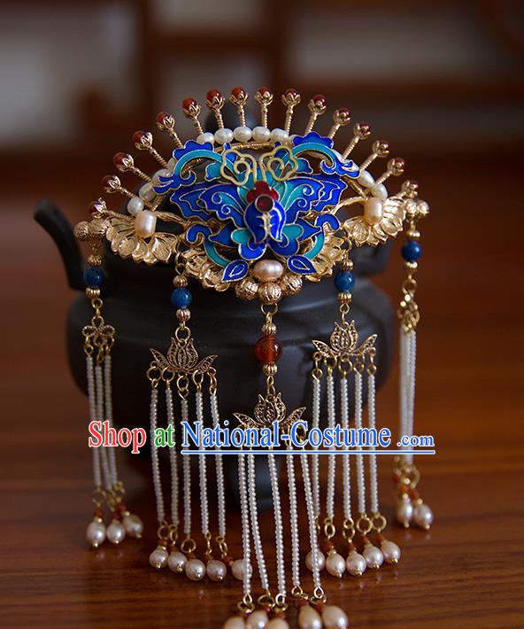 China Ming Dynasty Palace Tassel Hair Stick Traditional Hanfu Hair Accessories Ancient Empress Blueing Butterfly Hairpin