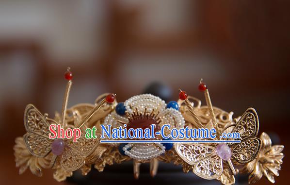 China Song Dynasty Golden Butterfly Pearls Flowers Hair Stick Traditional Hanfu Hair Accessories Ancient Princess Agate Pearls Hairpin