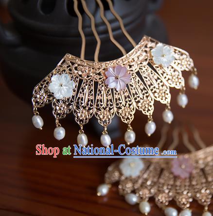 China Song Dynasty Golden Hair Comb Traditional Hanfu Hair Accessories Ancient Princess Pearls Tassel Hairpin