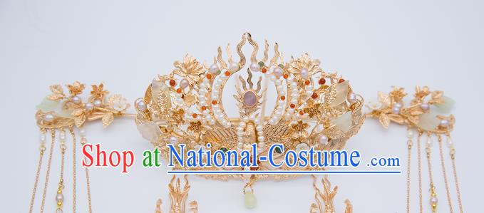 China Tang Dynasty Phoenix Coronet Traditional Hanfu Hair Accessories Ancient Empress Pearls Hair Crown and Hairpins