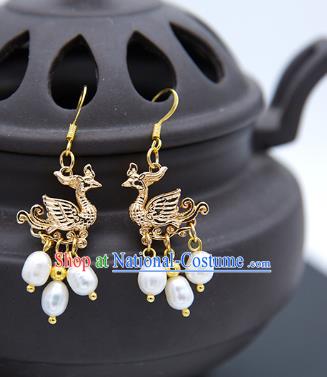 China Cheongsam Golden Phoenix Earrings Traditional Ming Dynasty Jewelry Ornaments Handmade Ancient Princess Ear Accessories