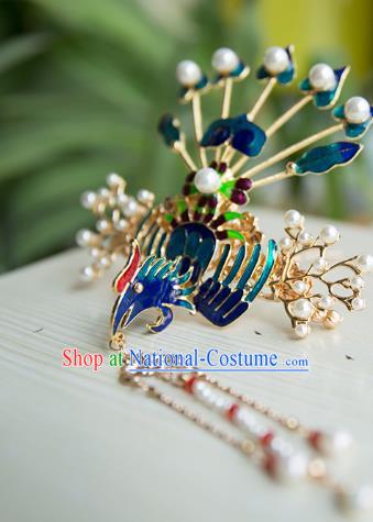 China Ming Dynasty Blueing Phoenix Hair Crown Traditional Hanfu Hair Accessories Ancient Empress Tassel Hairpin