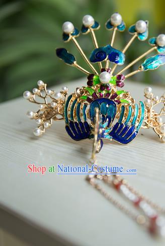 China Ming Dynasty Blueing Phoenix Hair Crown Traditional Hanfu Hair Accessories Ancient Empress Tassel Hairpin