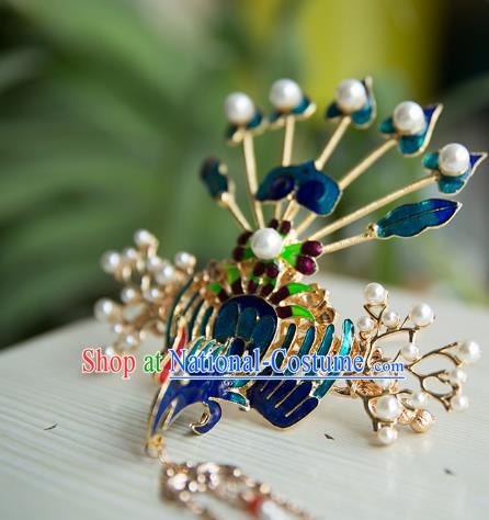 China Ming Dynasty Blueing Phoenix Hair Crown Traditional Hanfu Hair Accessories Ancient Empress Tassel Hairpin