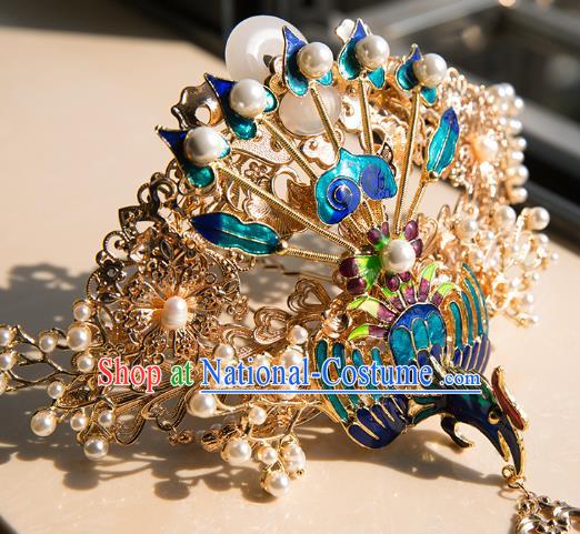 China Ming Dynasty Wedding Blueing Phoenix Hair Crown Traditional Hanfu Hair Accessories Ancient Court Hairpin