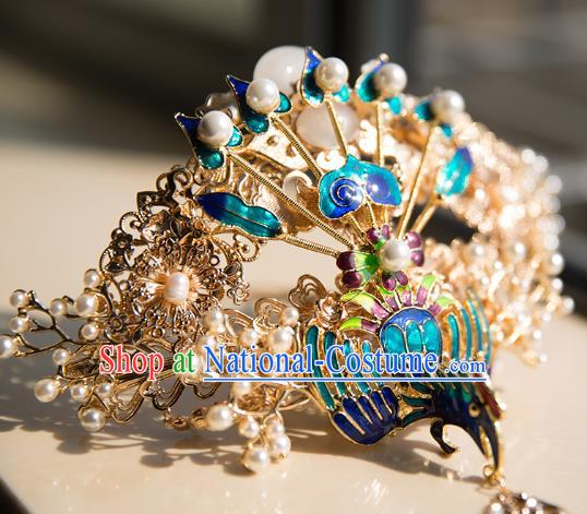 China Ming Dynasty Wedding Blueing Phoenix Hair Crown Traditional Hanfu Hair Accessories Ancient Court Hairpin