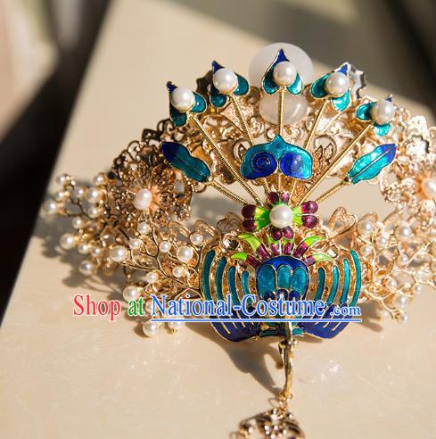 China Ming Dynasty Wedding Blueing Phoenix Hair Crown Traditional Hanfu Hair Accessories Ancient Court Hairpin